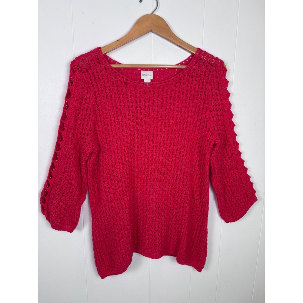 Chico's 1‎ Crochet Knit Top Cutout Sleeve Hot Pink Sweater Pullover Size Medium
